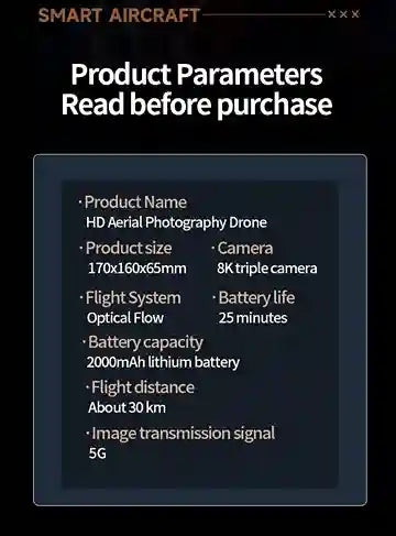 Product parameters of an HD aerial photography drone displayed on a black background.