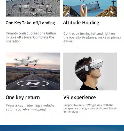 Promotional image of a drone with features like take-off/landing, altitude holding, one-key return, and VR experience.