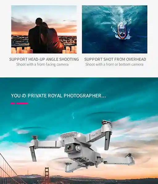 Promotional image of a drone with scenic shots and text highlighting its features.