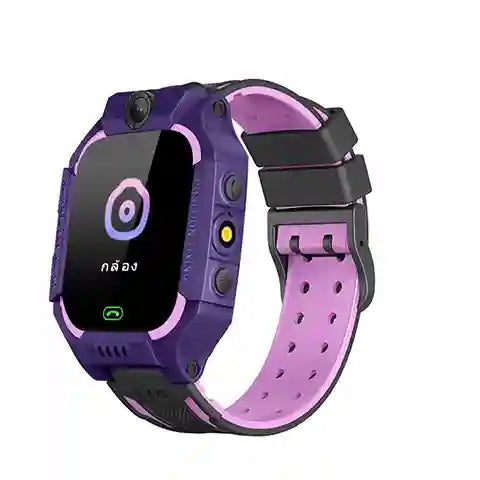 Purple and black smartwatch with a pink band on a white background
