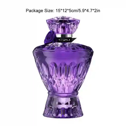 Purple perfume bottle with decorative cap on a white background