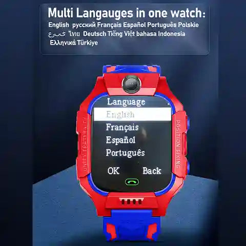 Red and blue smartwatch with language selection interface on a dark background