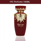 Red and gold perfume bottle with 'Sakeena' branding on a white background