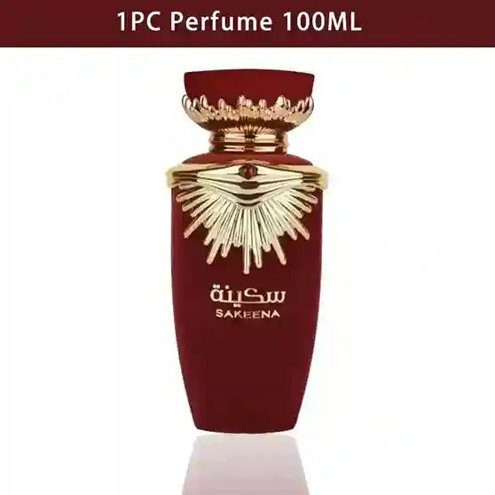 Red and gold perfume bottle with 'Sakeena' branding on a white background
