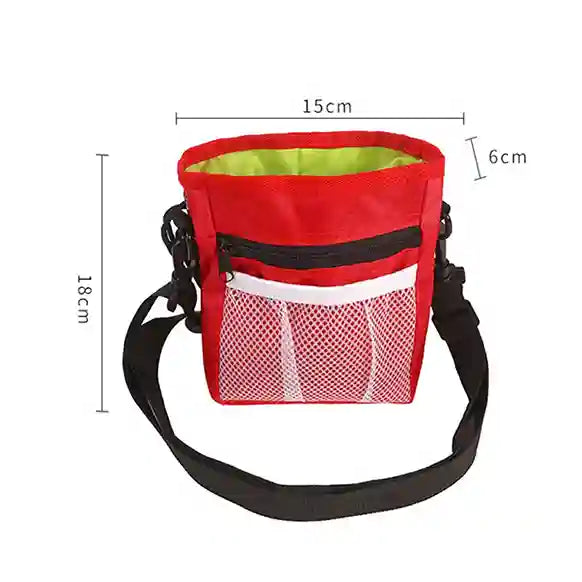 Red chalk bag with black strap and measurements on a white background