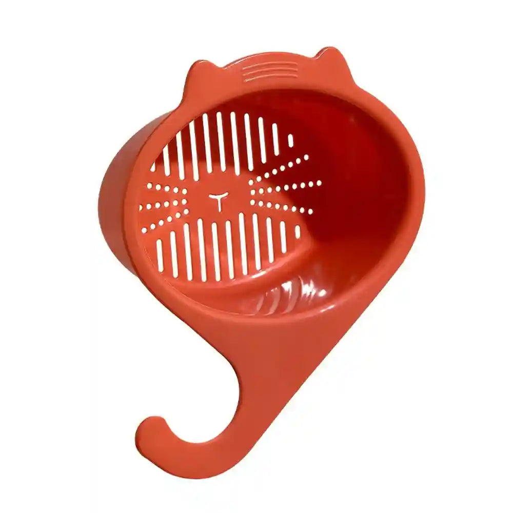 Red kitchen strainer on a white background