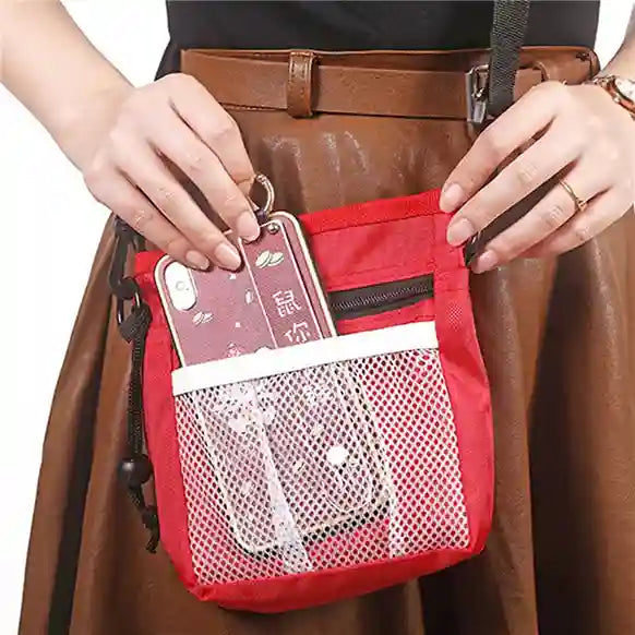 Red pouch attached to a brown bag with a phone and card inside