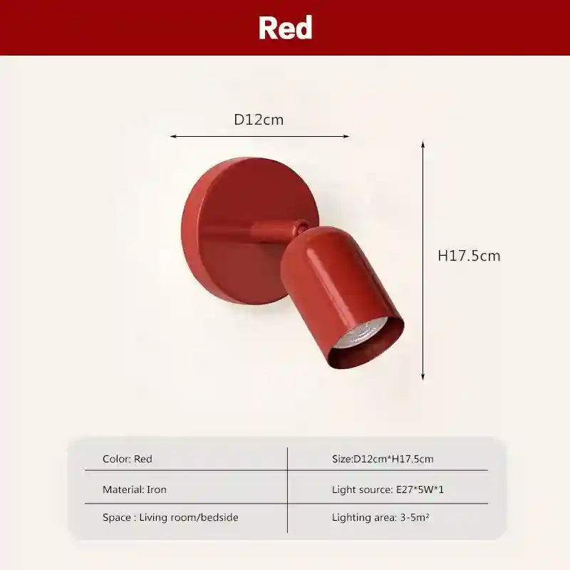 Red wall light fixture with dimensions and specifications on a white background