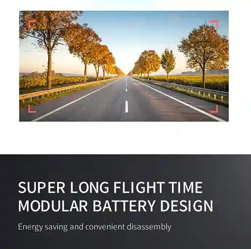 Road with trees on both sides and text about battery design