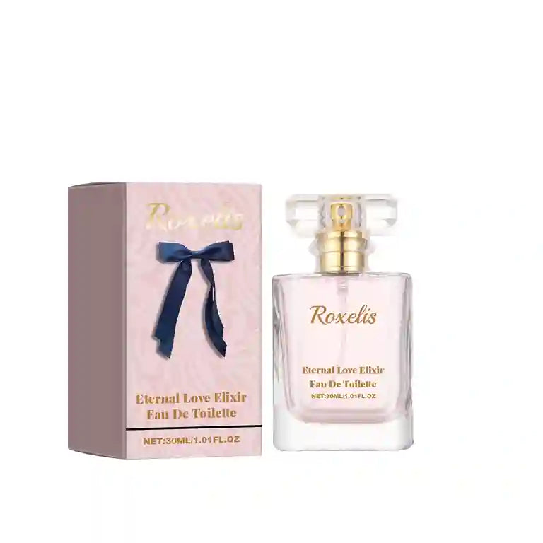 Roxelis Eternal Love Elixir perfume bottle and packaging on a white background