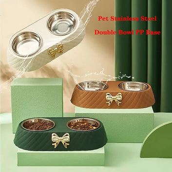 BABBAK'S LTD Bow‑Tie Double Pet Food & Water Bowl – Stainless Steel & PP Base for Dogs & Cats