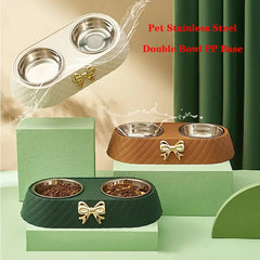 BABBAK'S LTD Bow‑Tie Double Pet Food & Water Bowl – Stainless Steel & PP Base for Dogs & Cats