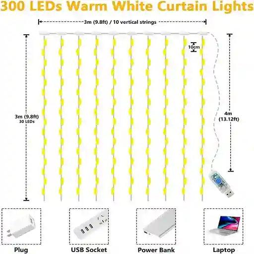 3M Fairy Twinkle Lights 300 LED Curtain USB
