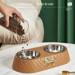 BABBAK'S LTD Bow‑Tie Double Pet Food & Water Bowl – Stainless Steel & PP Base for Dogs & Cats