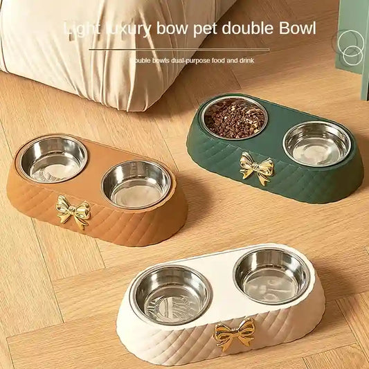 BABBAK'S LTD Bow‑Tie Double Pet Food & Water Bowl – Stainless Steel & PP Base for Dogs & Cats