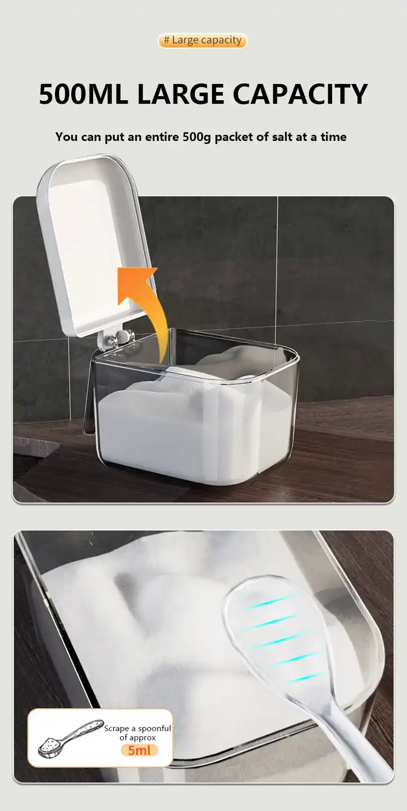 Salt shaker with a large capacity feature on a tiled floor background