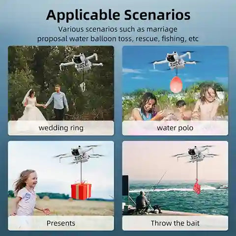Scenarios including wedding, water balloon toss, rescue, fishing, presents, and throw the bait with a drone.