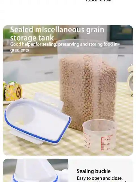 Sealed miscellaneous grain storage tank with accessories on a kitchen counter.