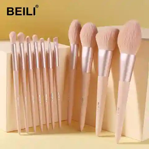 Set of BEILI makeup brushes with a beige background