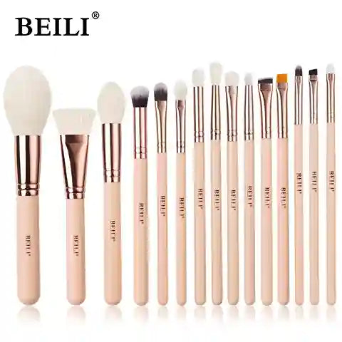 Set of BEILI makeup brushes with beige handles and white bristles on a white background.