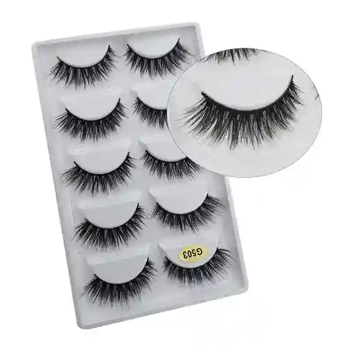 Set of false eyelashes in a packaging tray with a close-up on one pair.