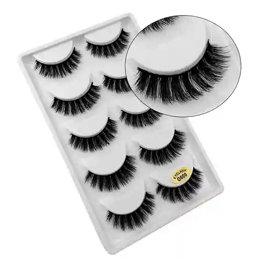 Set of false eyelashes in a clear packaging case with a close-up inset showing individual pairs.