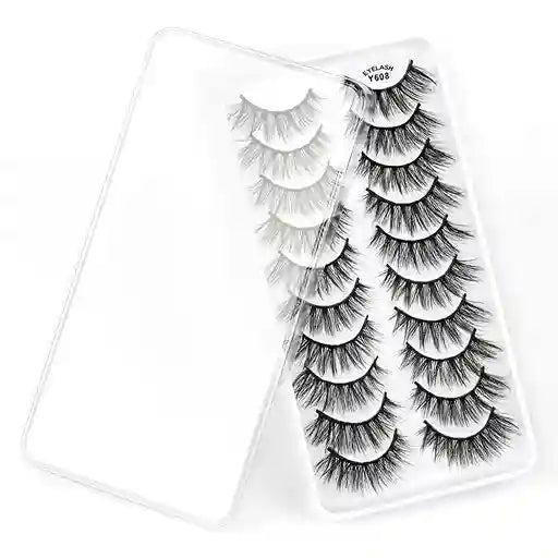 Set of false eyelashes in a clear plastic case on a white background