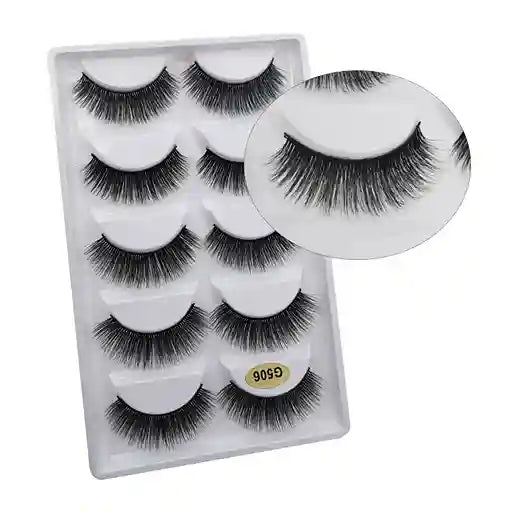 Set of false eyelashes in a packaging box with a close-up of one pair on a white background.