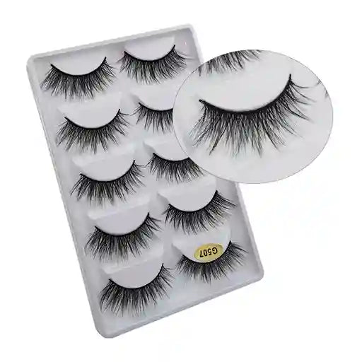 Set of false eyelashes in a packaging tray with a close-up of one pair.