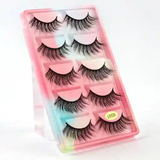 Set of false eyelashes in a pink case with a colorful gradient background