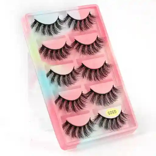 Set of false eyelashes in a pink case with a multicolored gradient background