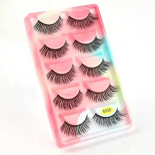 Set of false eyelashes in a pink packaging case with a colorful gradient background.