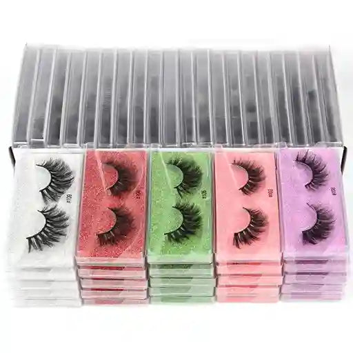 Set of false eyelashes in various colorful packaging