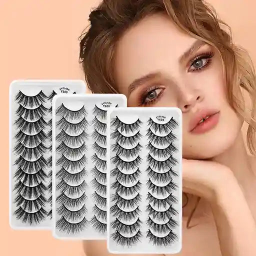 Set of false eyelashes with a model wearing them on a beige background