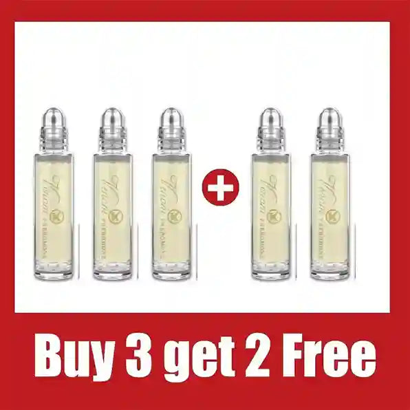 Set of five small bottles with a plus sign and text 'Buy 3 get 2 Free' on a red background.