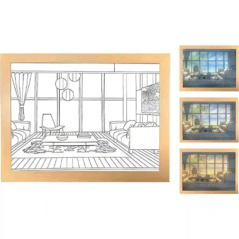 Set of interior design sketches in wooden frames on a white background