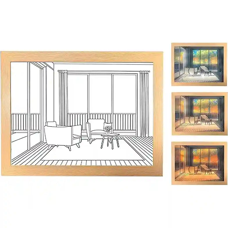 Set of interior design sketches with wooden frames on a white background