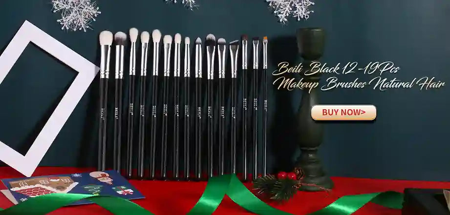 Set of makeup brushes with a decorative background featuring ribbons and a frame.