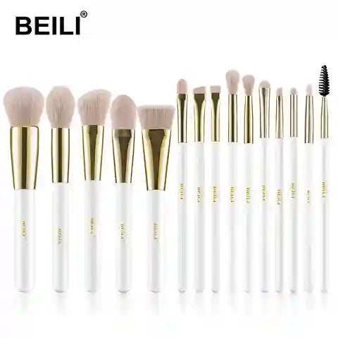 Set of makeup brushes with gold and white handles on a white background, featuring the BEILI brand.