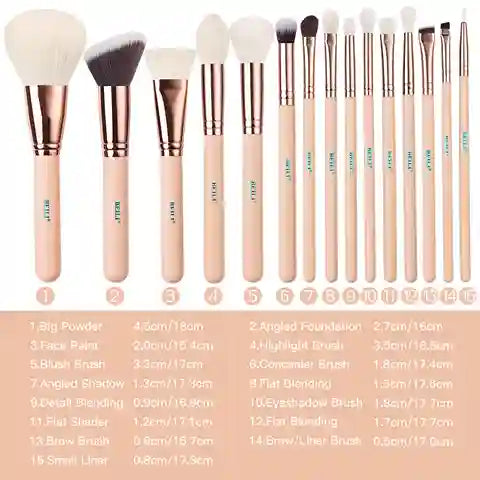 Set of makeup brushes with wooden handles and gold accents, accompanied by a brush size chart.