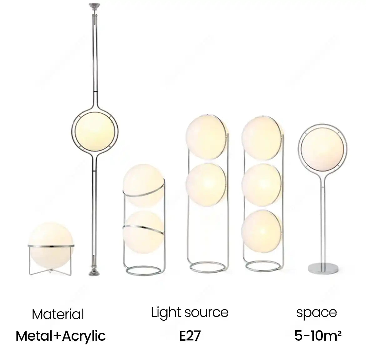 Set of modern pendant lights with specifications on material, light source, and space requirement.