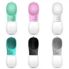 Set of six portable pet water bottles in different colors on a white background