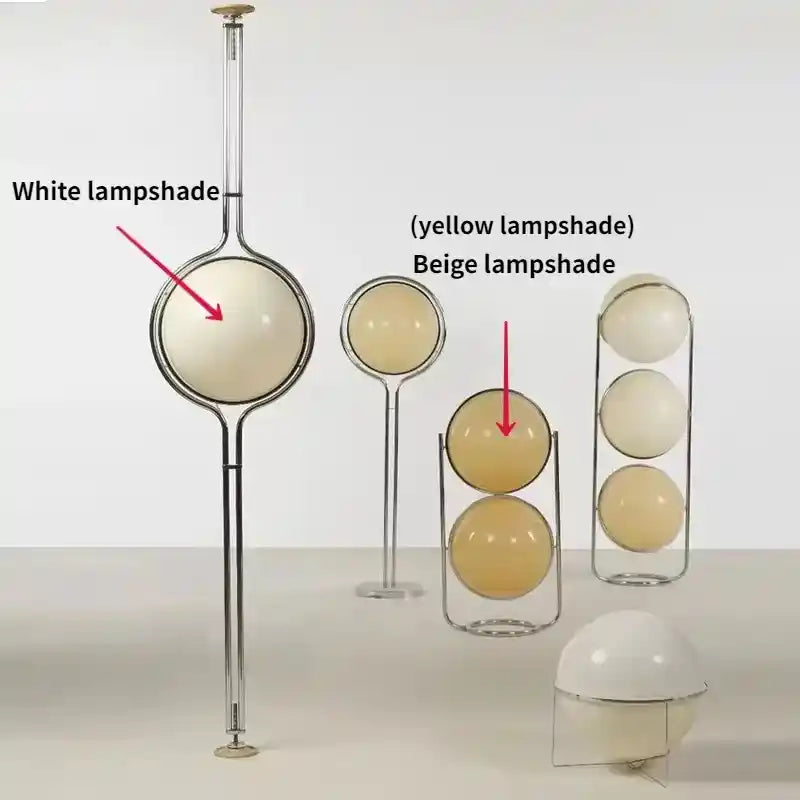 Set of spherical lampshades in white, yellow, and beige on a neutral background.