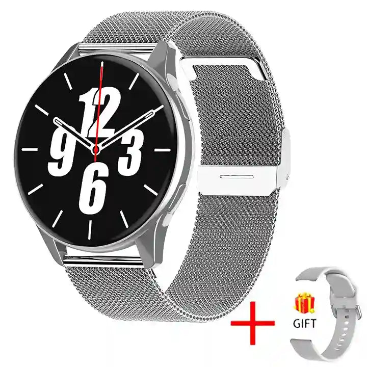 Silver smartwatch with black dial on a white background, including a gift icon.
