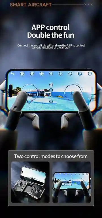 Smart aircraft control app with smartphone and remote control, featuring text about app control and control modes.