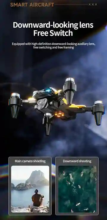 Smart aircraft with downward-looking lens feature on a dark background