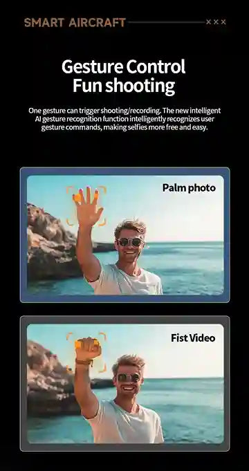 Smart aircraft with gesture control feature shown on a screen, with a person at the beach.