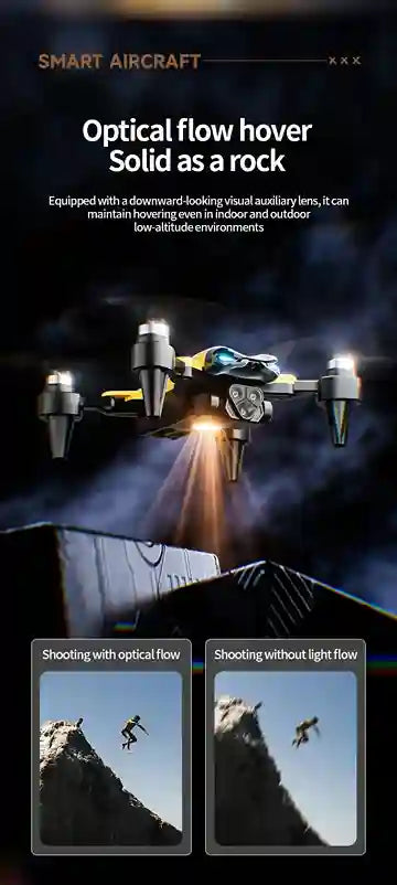 Smart aircraft with optical flow hover feature on a dark background