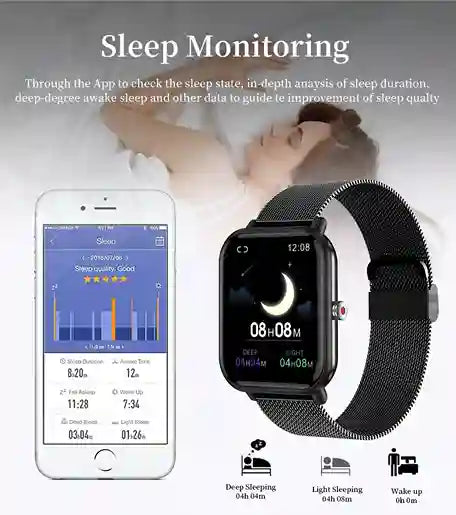 Smartwatch and phone displaying sleep monitoring app with text about sleep state analysis.