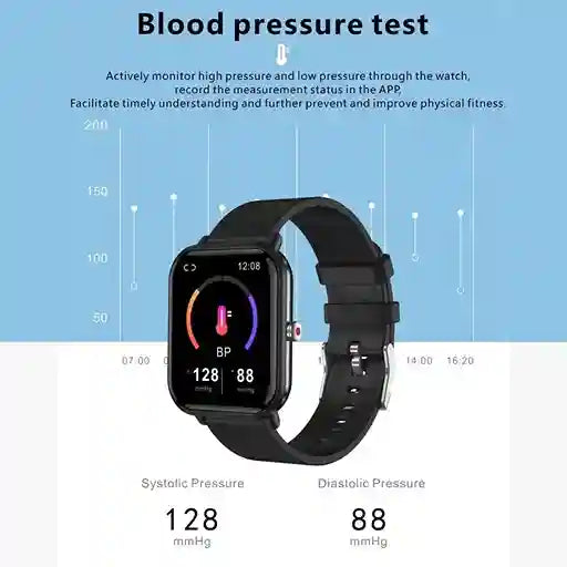 Smartwatch displaying blood pressure readings with a blue background